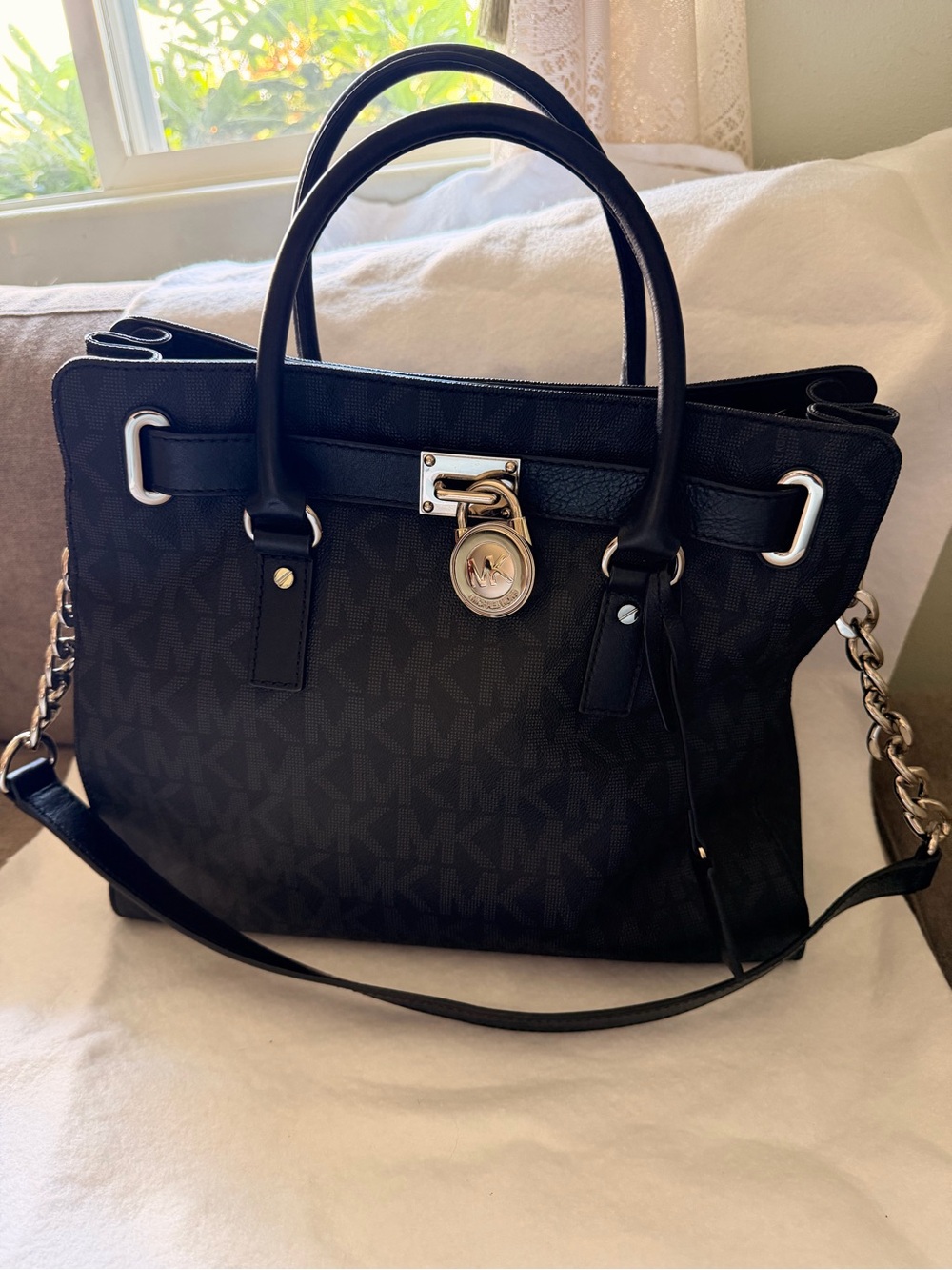 Michael Kors Hamilton Black Signature Satchel Tote Crossbody — Silver Hardware